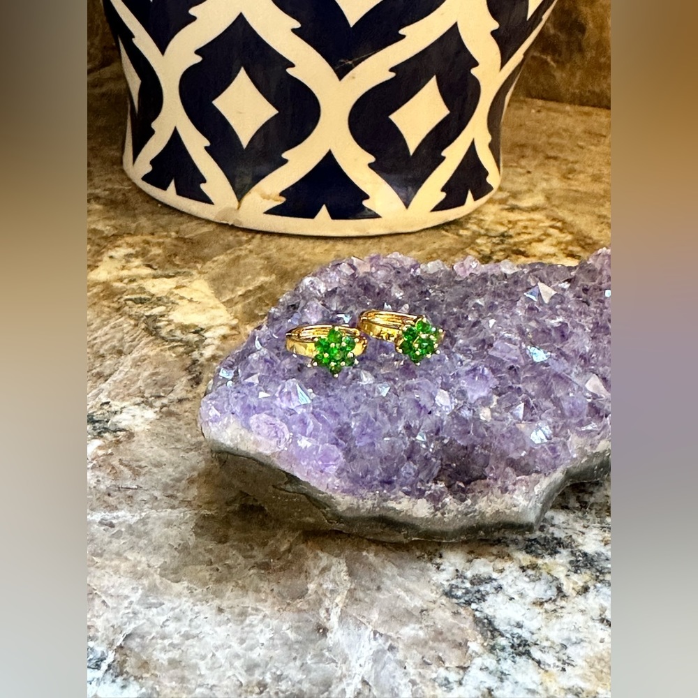 Gold Emerald Flower Huggie Hoop Earrings